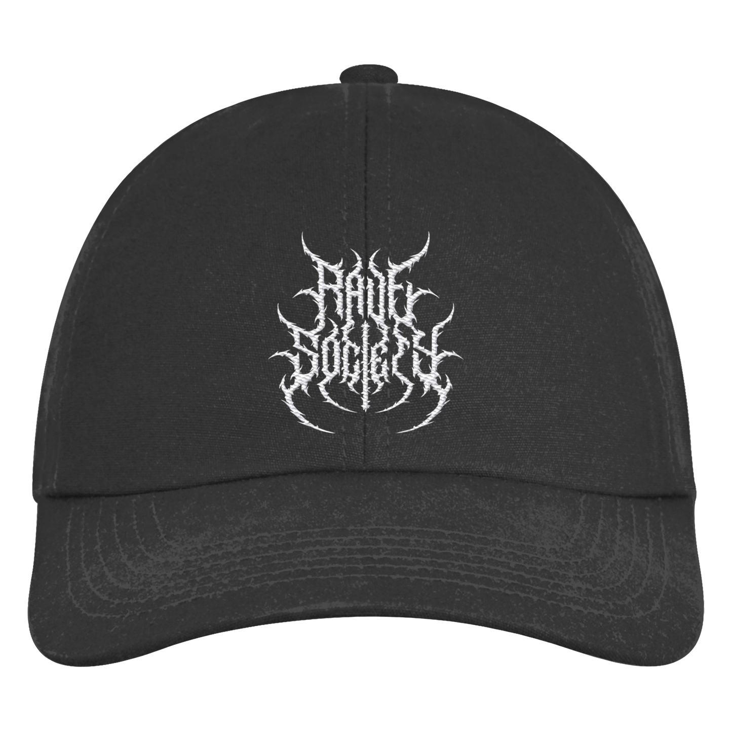Rave Society Stiched organic 6-panel cap in black with logo embroidery.