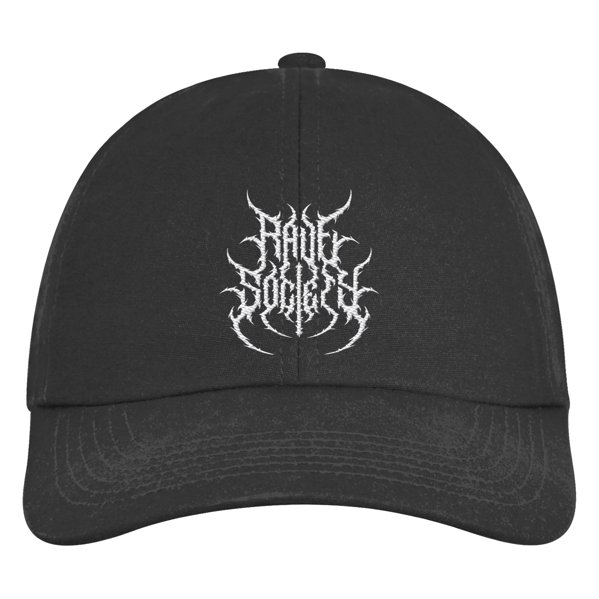 Rave Society Stiched organic 6-panel cap in black with logo embroidery.