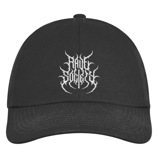 Rave Society Stiched organic 6-panel cap in black with logo embroidery.