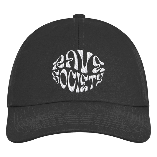 Rave Society Intovert Stiched organic 6-panel cap with curved visor and adjustable strap.