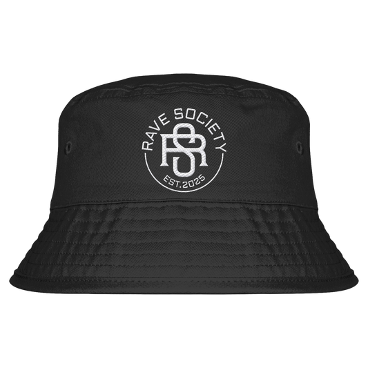 Organic bucket hat with Rave Society logo, black twill, unisex, UPF50+ sun protection.
