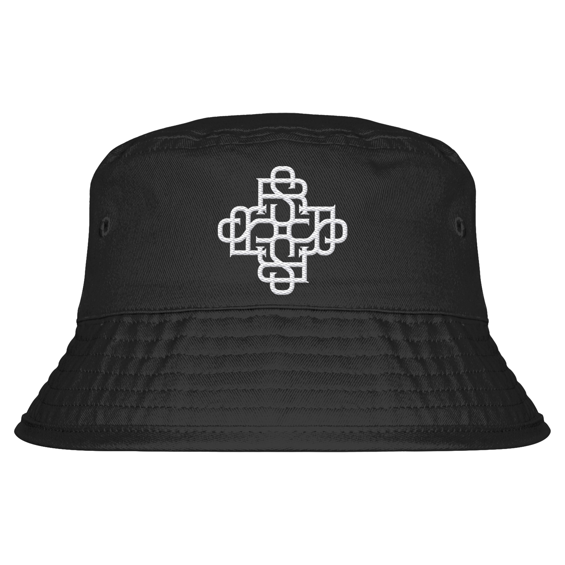 Organic black bucket hat with white monogram stitching, featuring ventilation eyelets and UPF50+ sun protection.