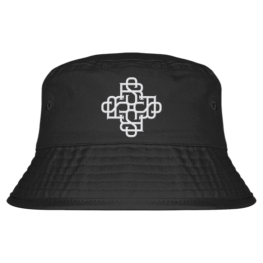 Organic black bucket hat with white monogram stitching, featuring ventilation eyelets and UPF50+ sun protection.