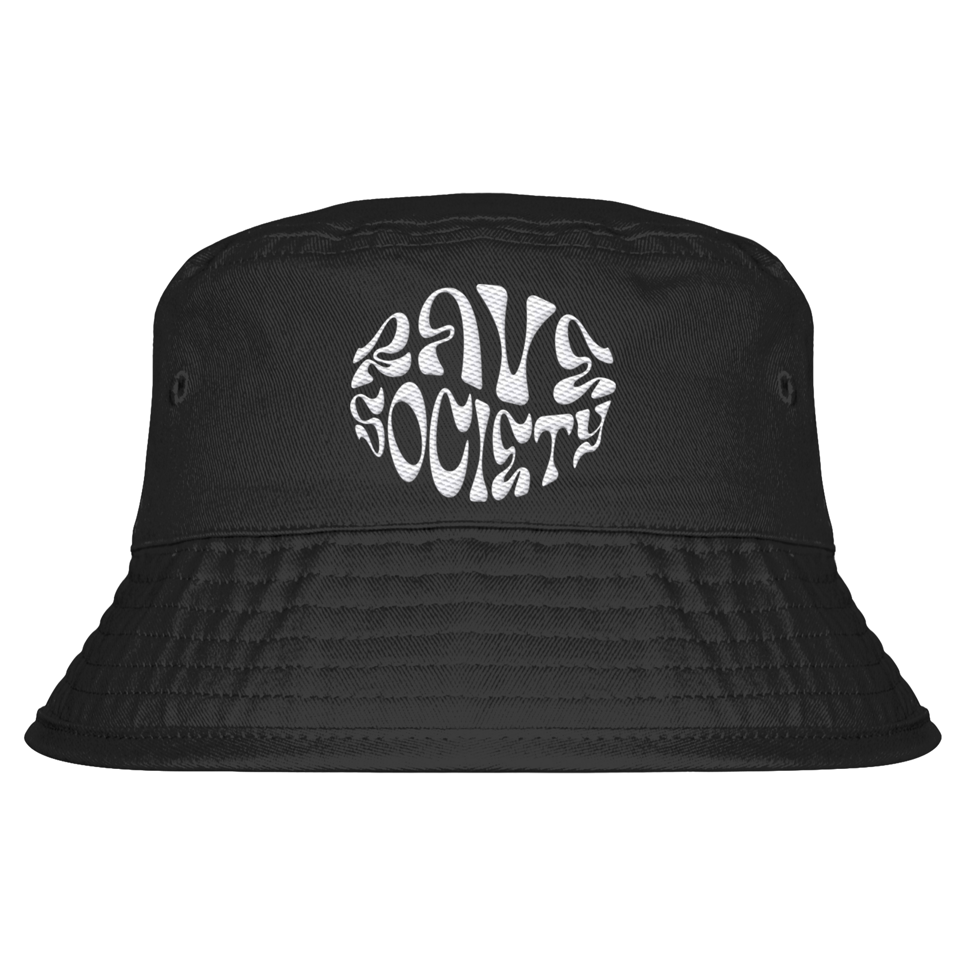Rave Society Intovert Stiched organic bucket hat in black with white logo, made from 100% organic cotton twill, unisex, UPF50+.