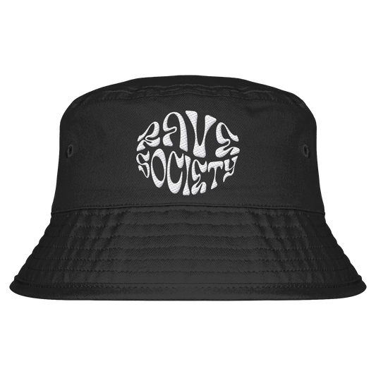 Rave Society Intovert Stiched organic bucket hat in black with white logo, made from 100% organic cotton twill, unisex, UPF50+.