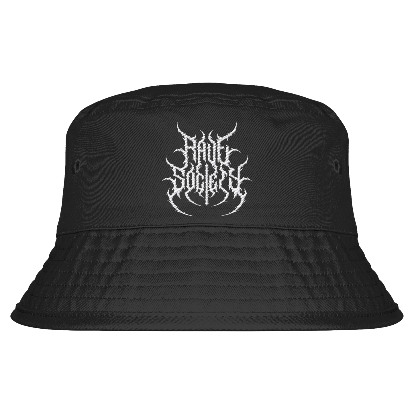 Organic black bucket hat with "Rave Society" stitched logo, unisex, 100% cotton, UPF50+ protection.
