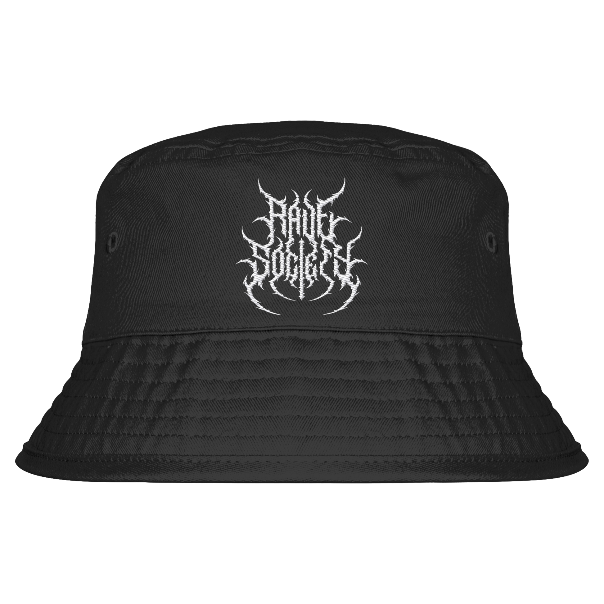 Organic black bucket hat with "Rave Society" stitched logo, unisex, 100% cotton, UPF50+ protection.