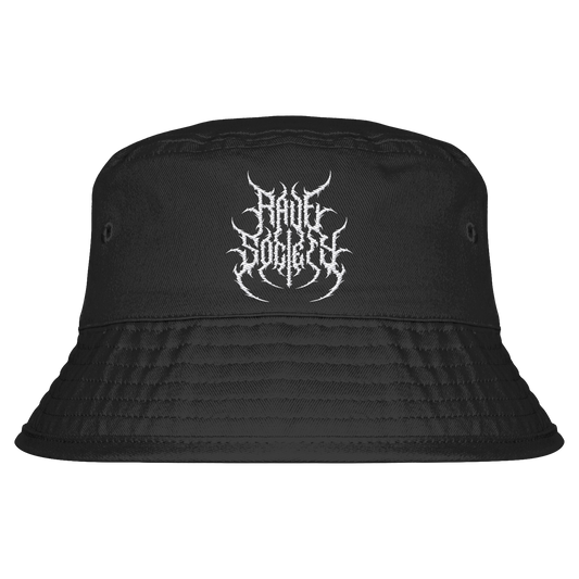 Organic black bucket hat with "Rave Society" stitched logo, unisex, 100% cotton, UPF50+ protection.
