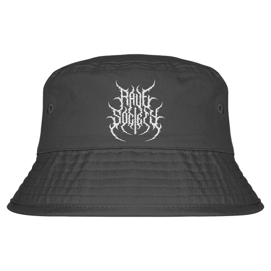 Rave Society Stiched schwarzer Bio-Baumwoll Bucket Hat mit UPF50+ Sonnenschutz und Belüftungsösen, unisex in zwei Größen.