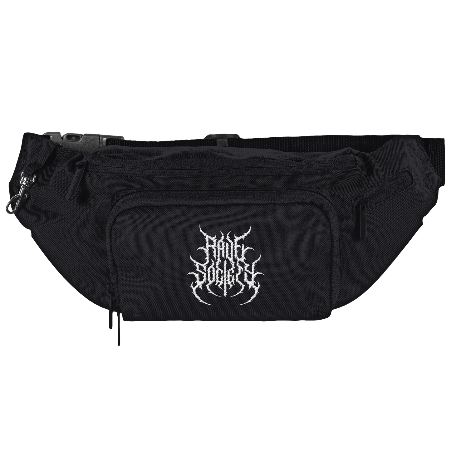 Rave Society Stiched Schultertasche, schwarze Polyester-Tasche mit weißen Schriftzug, verstellbarer Gurt, mehrere Reißverschluss-Taschen.