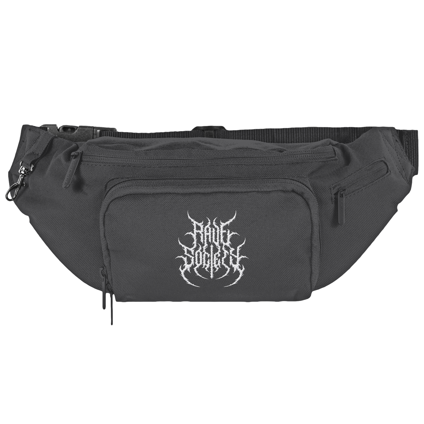 Rave Society Stiched shoulder bag, black polyester, adjustable strap, 4 zipper pockets, karabiner hook.