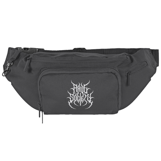 Rave Society Stiched shoulder bag, black polyester, adjustable strap, 4 zipper pockets, karabiner hook.
