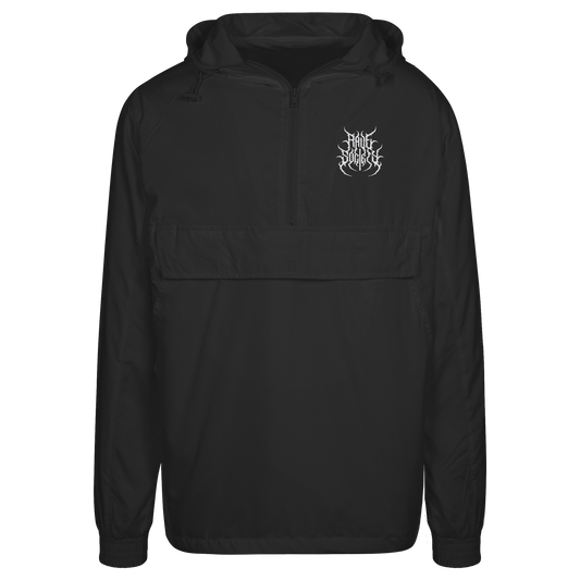 Urban black windbreaker with hood from Rave Society Stiched, showcasing a modern design and front pocket.