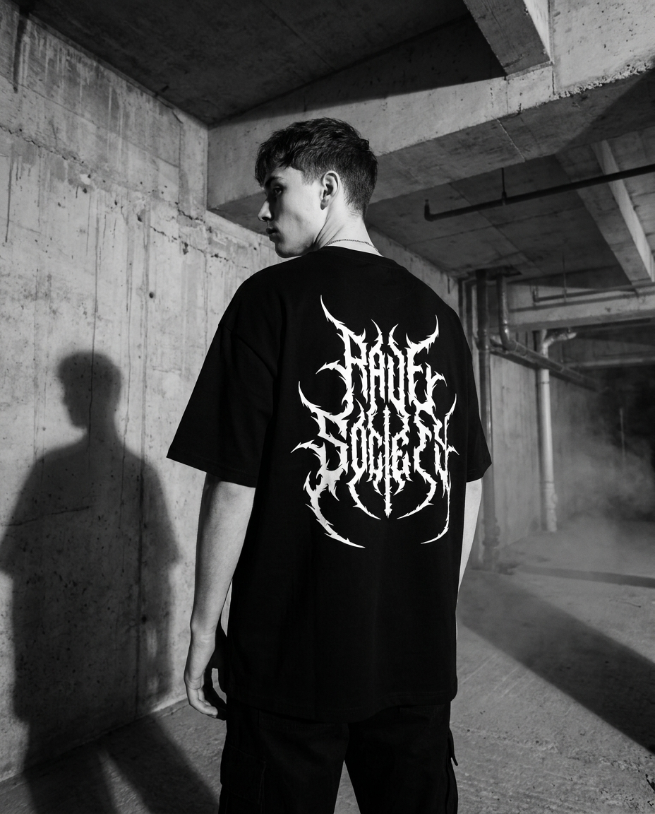 Model wearing the black Hard Times Hard Techno oversized shirt, back view showing tribal graphic print, brutalist industrial rave photoshoot